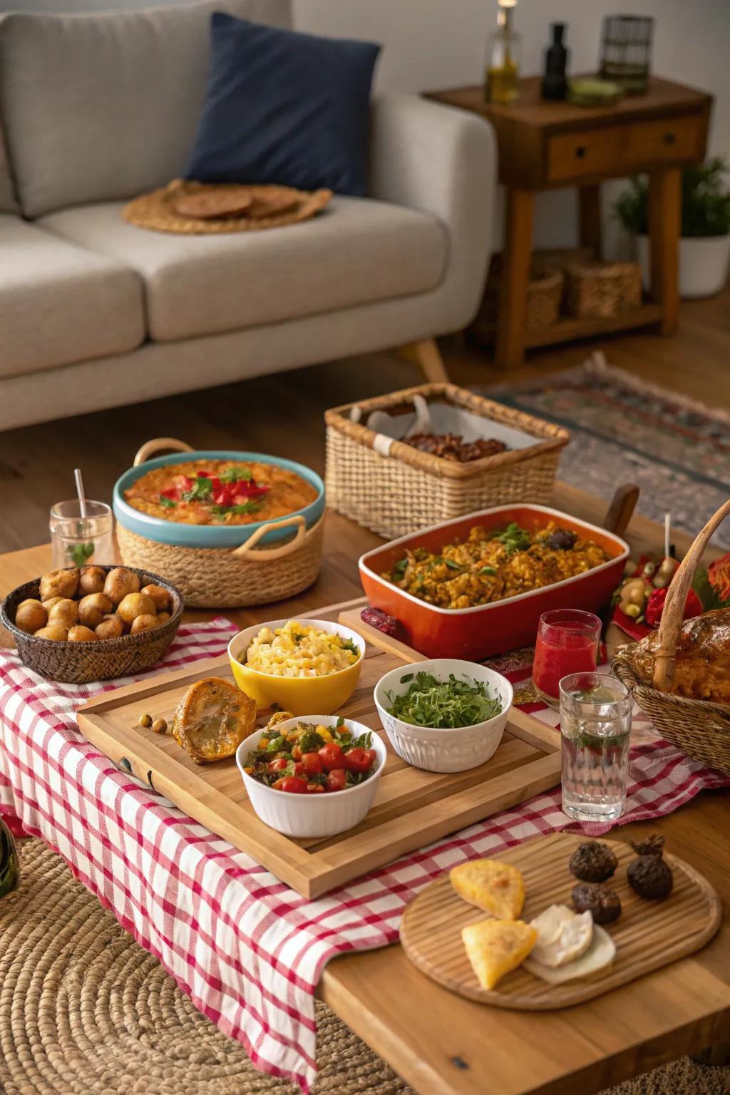 An indoor picnic that features dishes from a global cuisine giving it an international style.