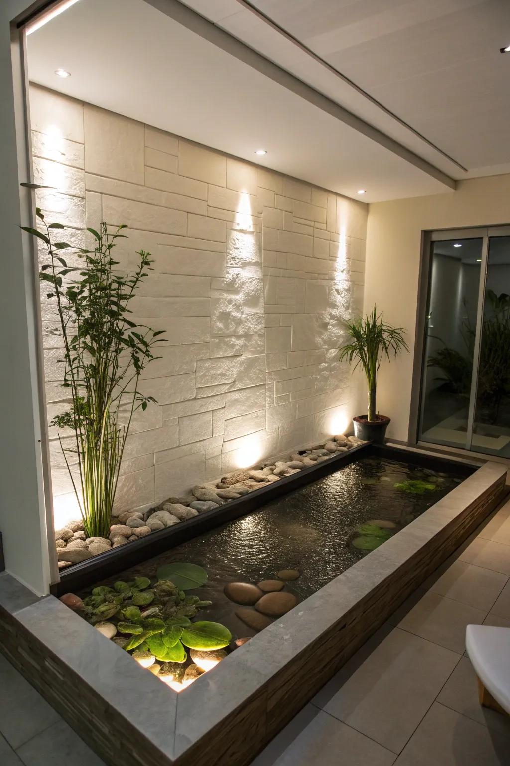 Ponds affixed to partitions render contemporary sophistication and economize space.