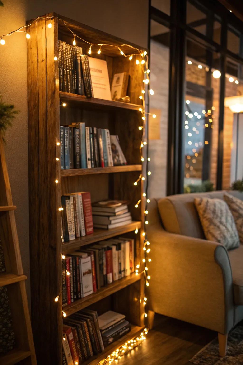 With decorative mini-lights, highlight your bookshelf and make a cozy nook.