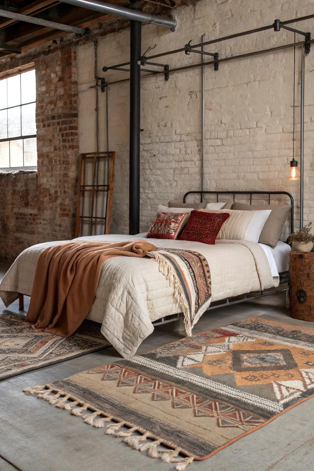 Layered textiles create a cozy atmosphere in this urban sleeping quarters.