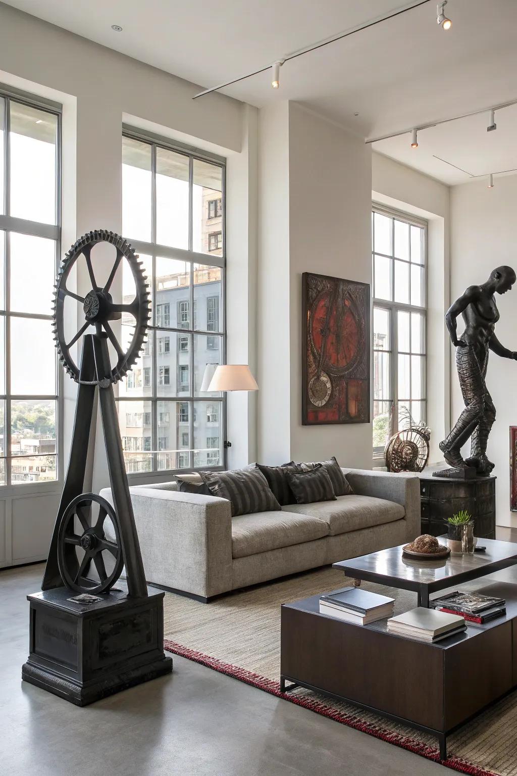 Industrial artwork adds a creative touch to the decor.