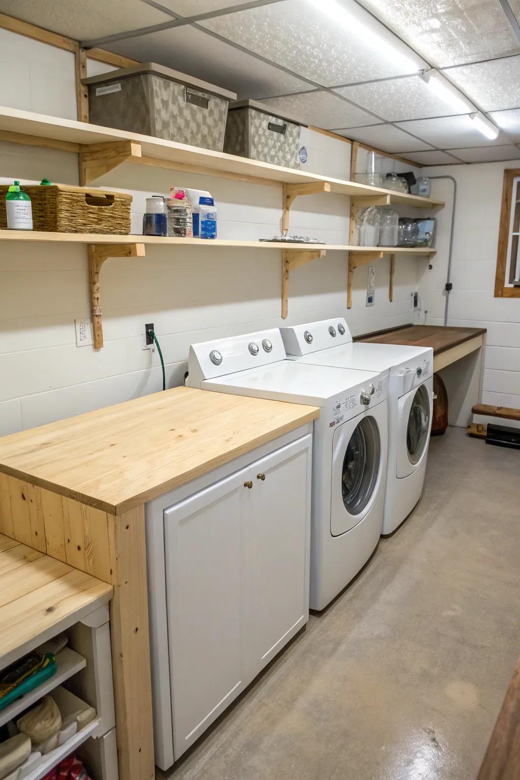 Plywood protected with polyurethane provides a functional and affordable worktop solution.