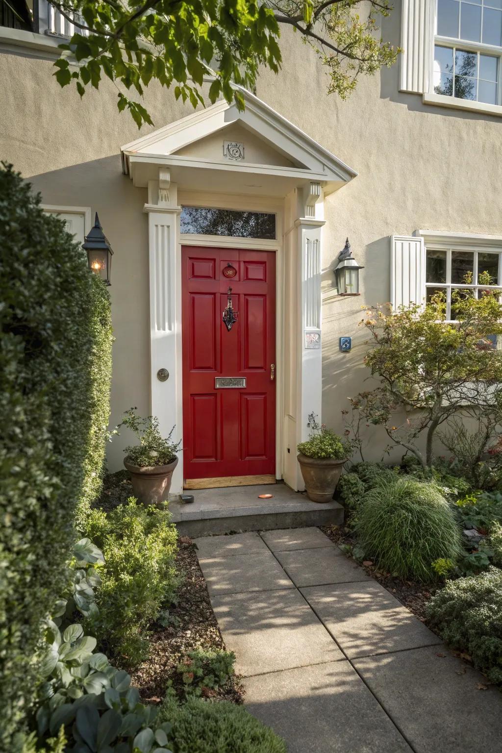 A traditional red door radiates warmth and timelessness.