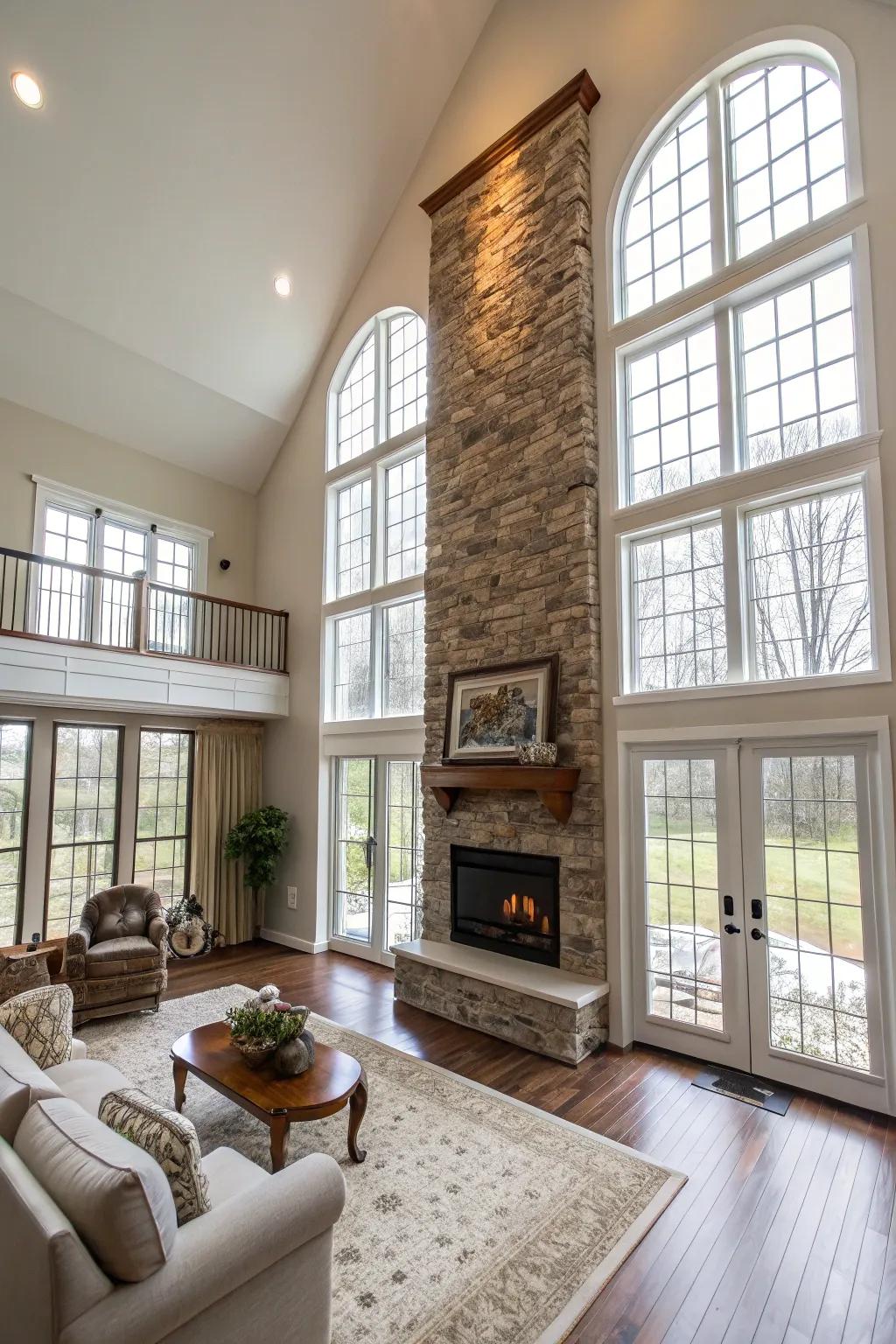 Highlight the grandeur of rooms with extended ceilings using vertical design components.