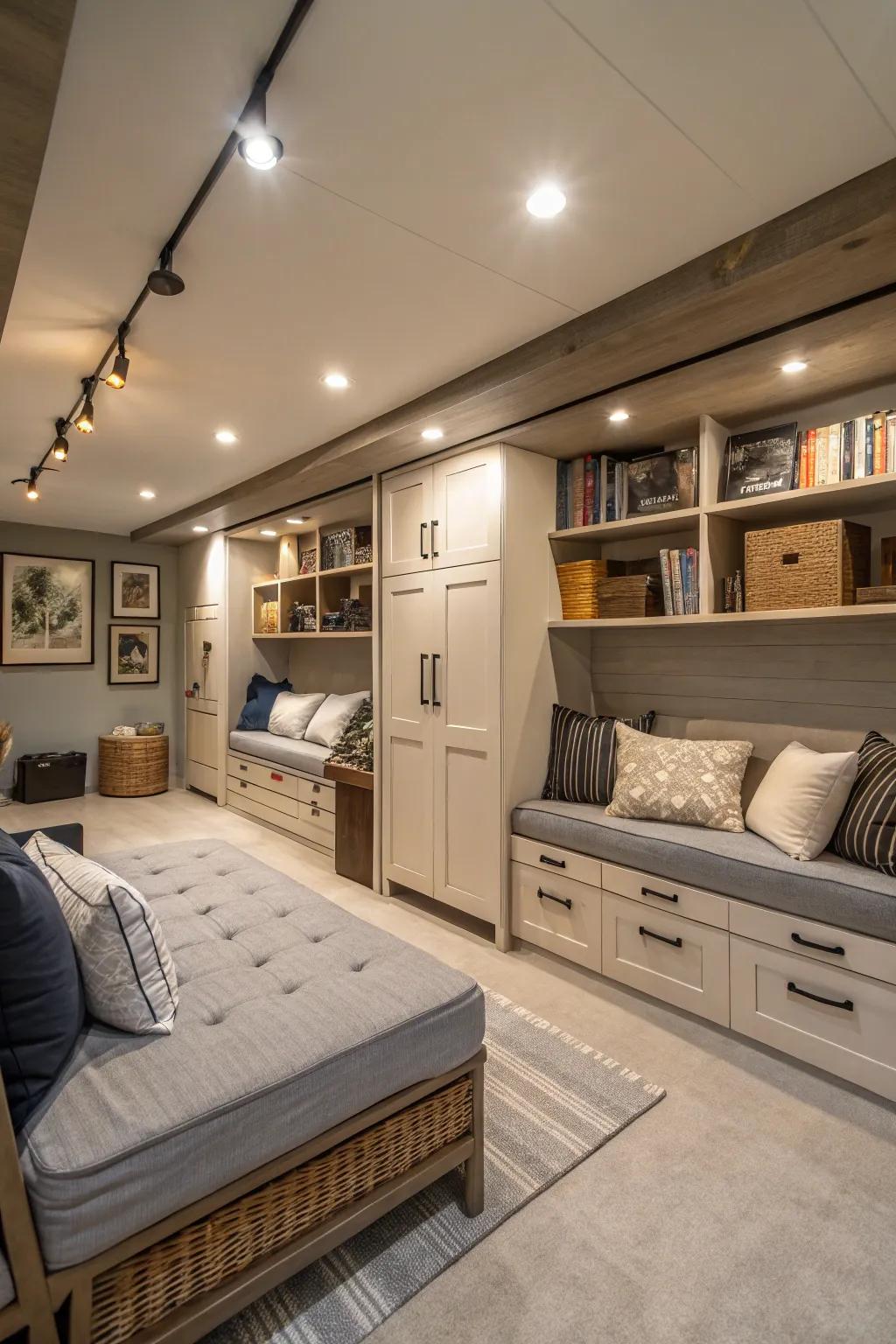 Multi-purpose furniture optimizes area and usefulness inside underground settings.