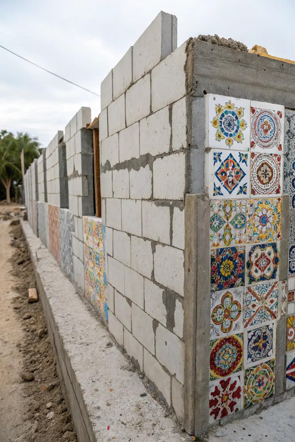 Decorative sections make a bold statement on a cinder block wall.