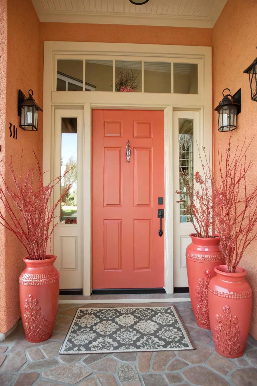 A coral door provides a soft and welcoming entryway.