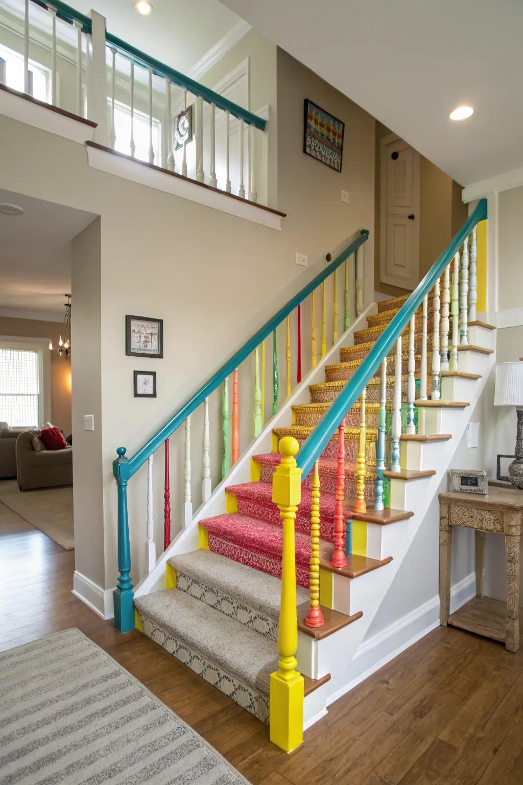 Bold colors on railings add a fun and unexpected twist.