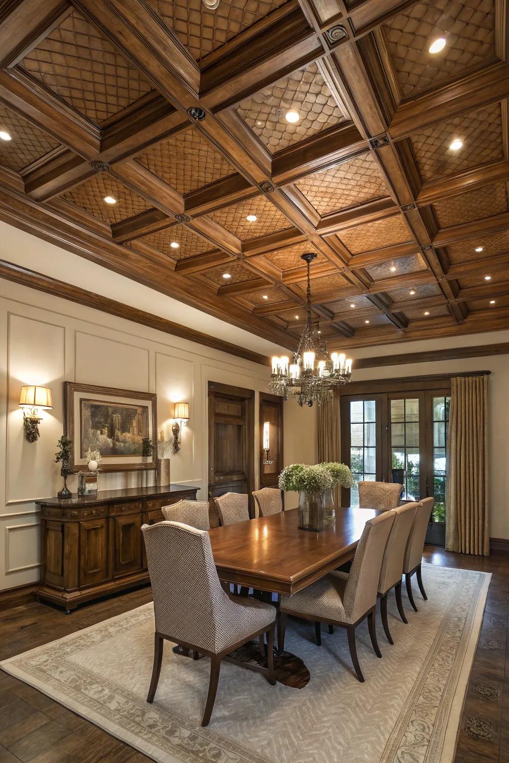 A luxurious dining room elevated by a coffered ceiling.