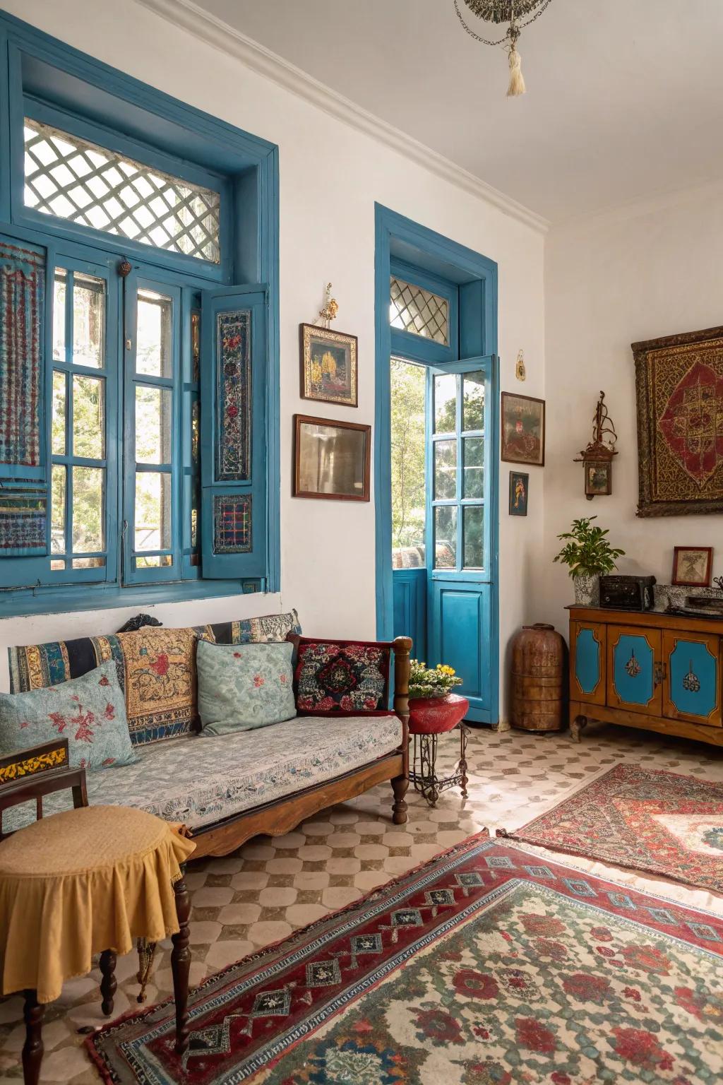 Old-world blue frames evoke a charming traditional vibe.