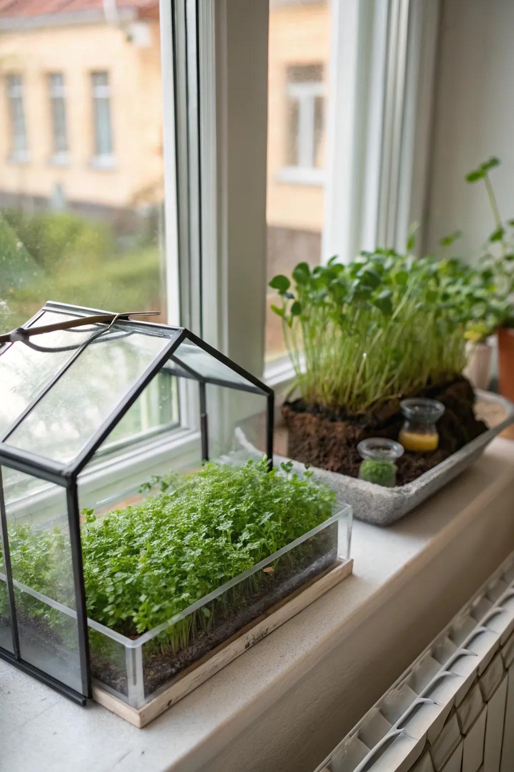 A miniature greenhouse on your window sill injects a touch of charm and verdure.
