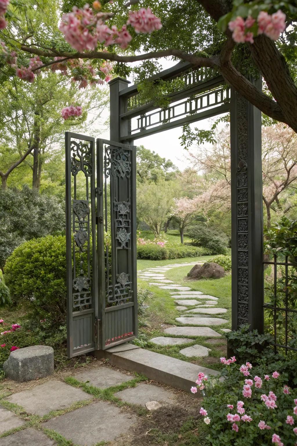 An Asian-inspired iron entrance with peace and elegance.