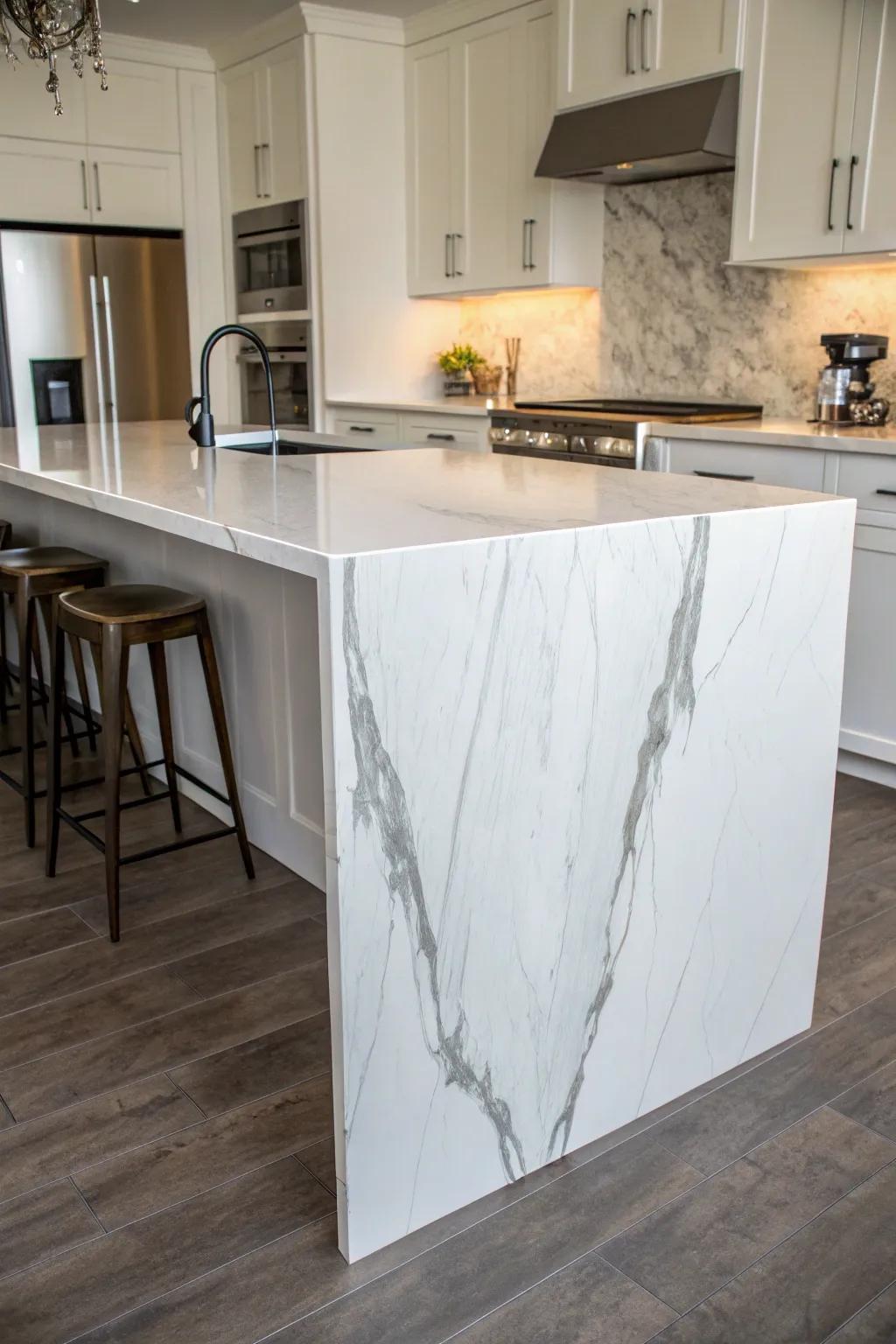 A waterfall edge giving a kitchen island a modern and artistic touch.