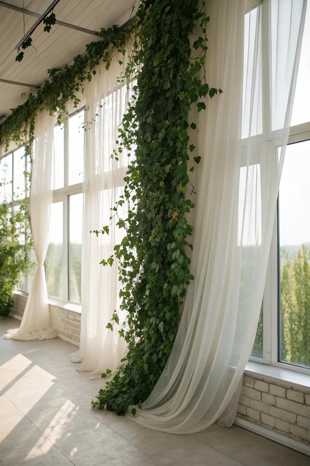 A fairy tale greenery wall paired with sheer curtains for a dreamy atmosphere.