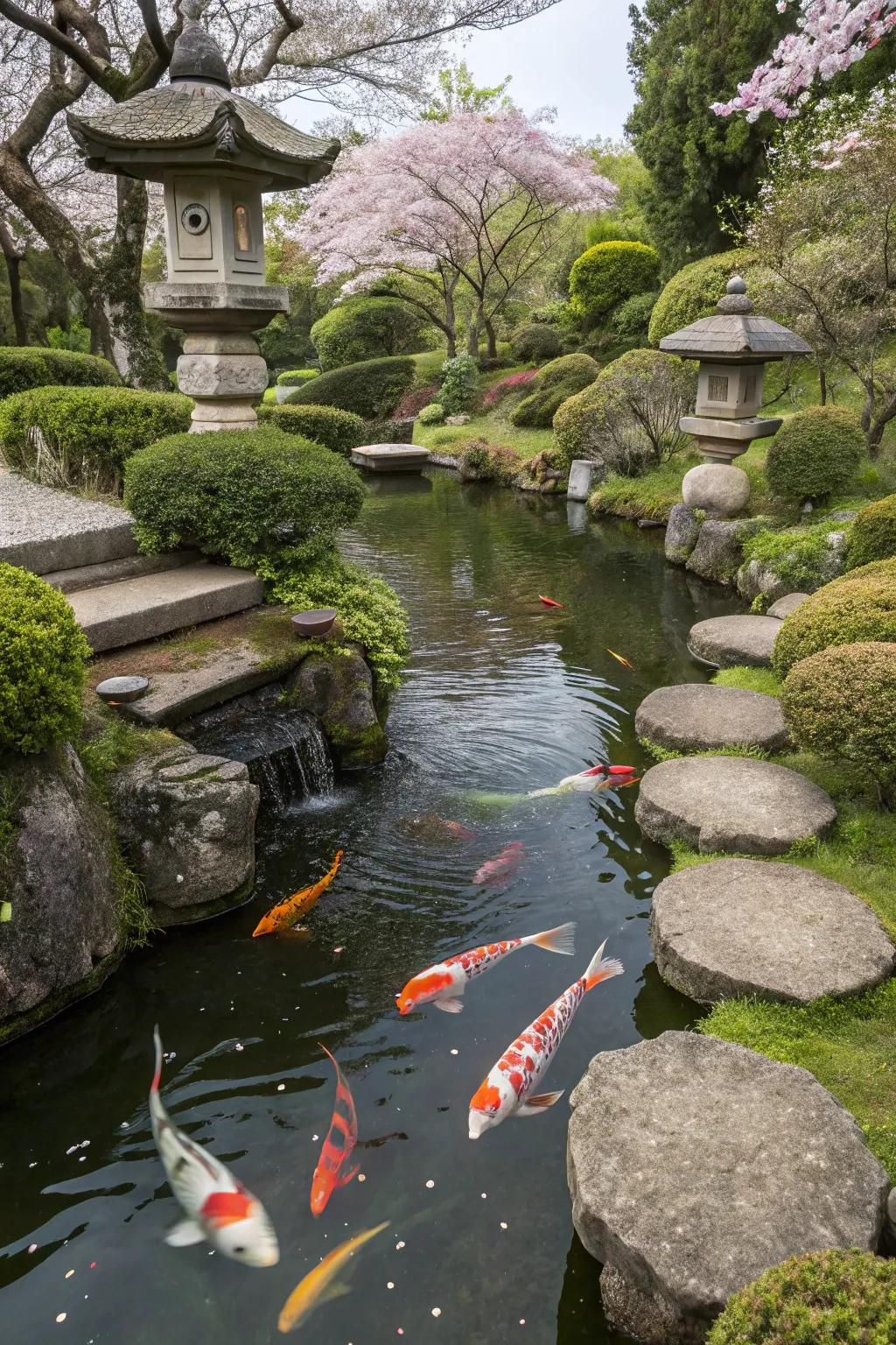 A vibrant koi pool adding life to a Japanese garden.