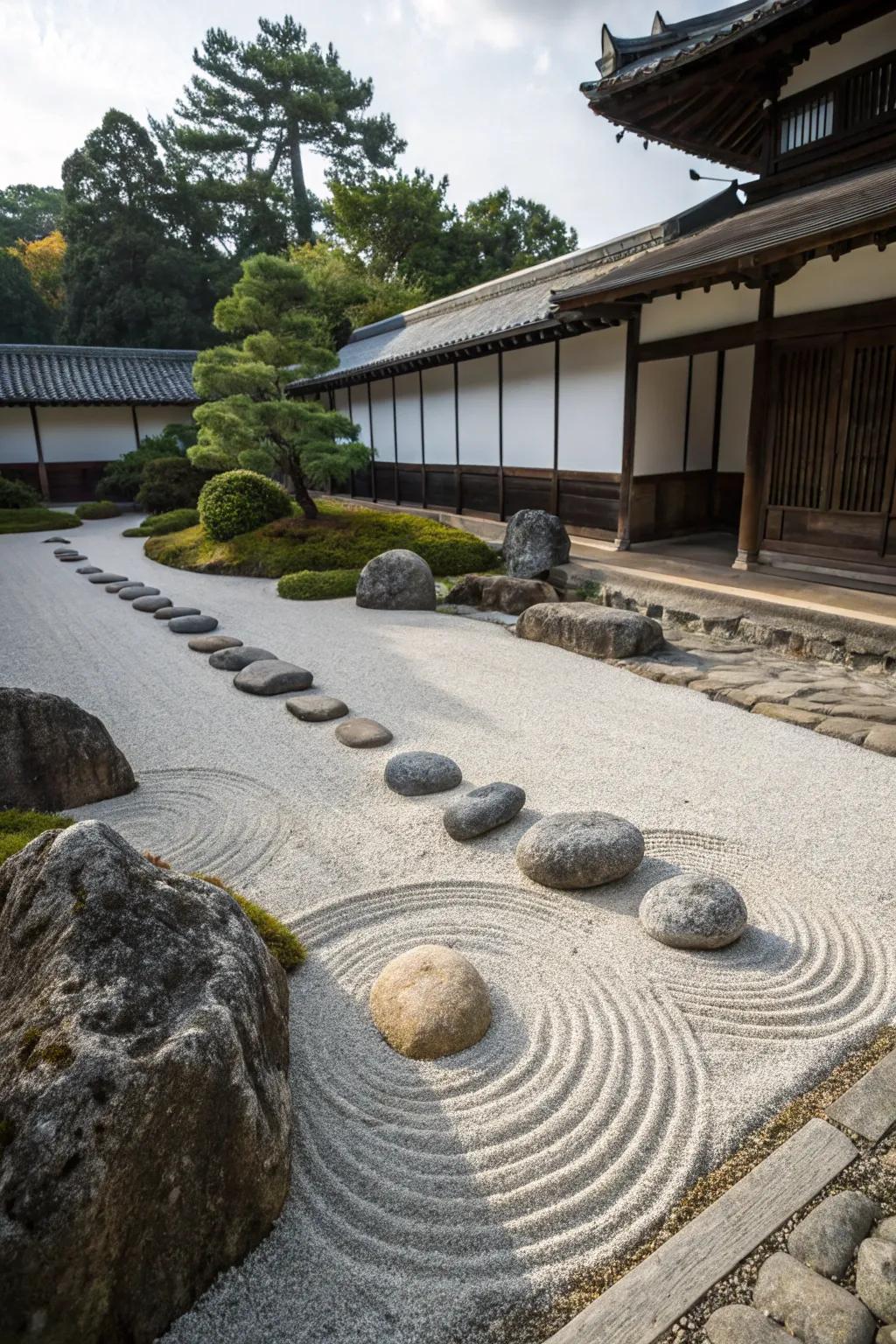 A karesansui pebble garden with carefully arranged stones.