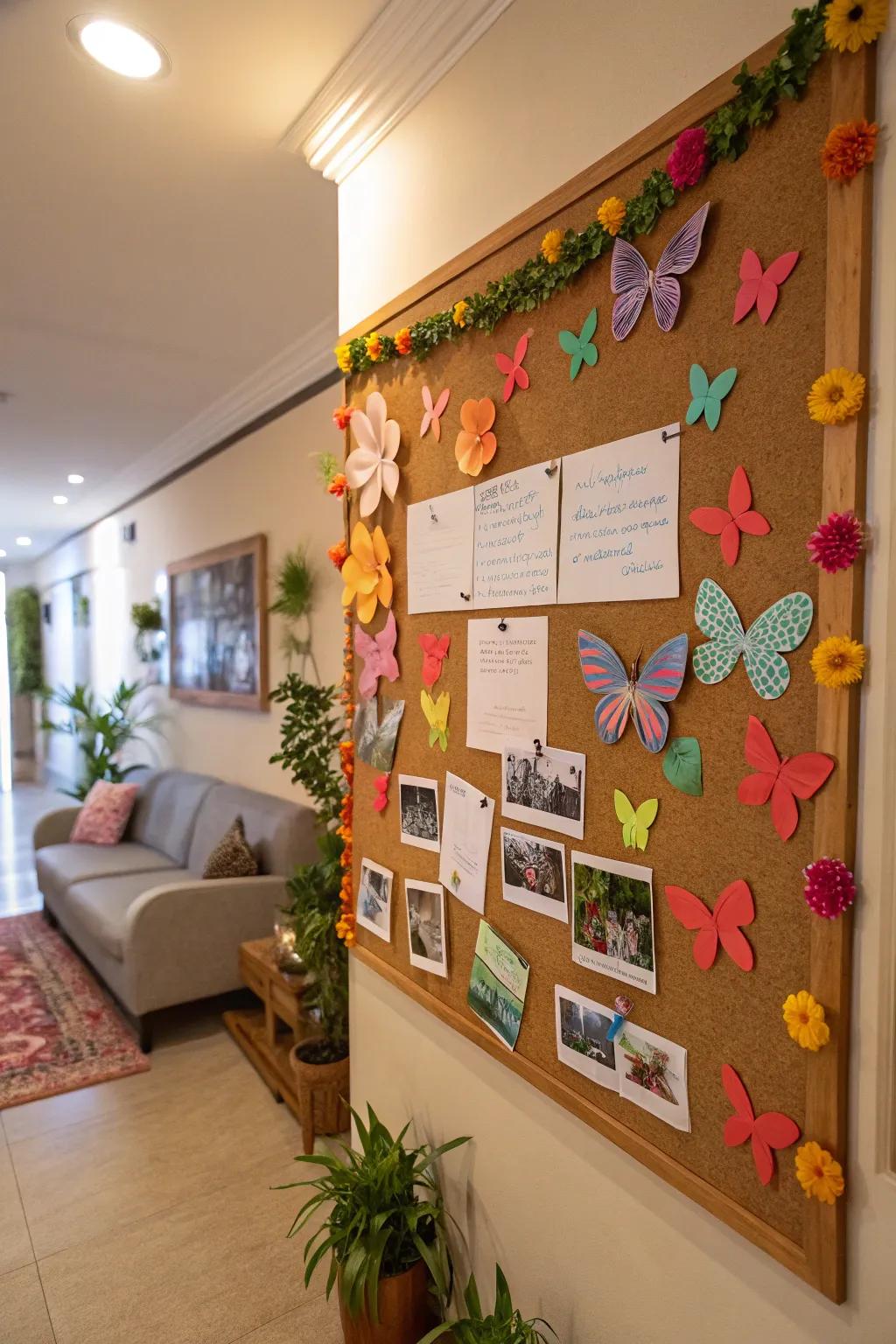 A whimsical bulletin board with flutterbies and blossoms.