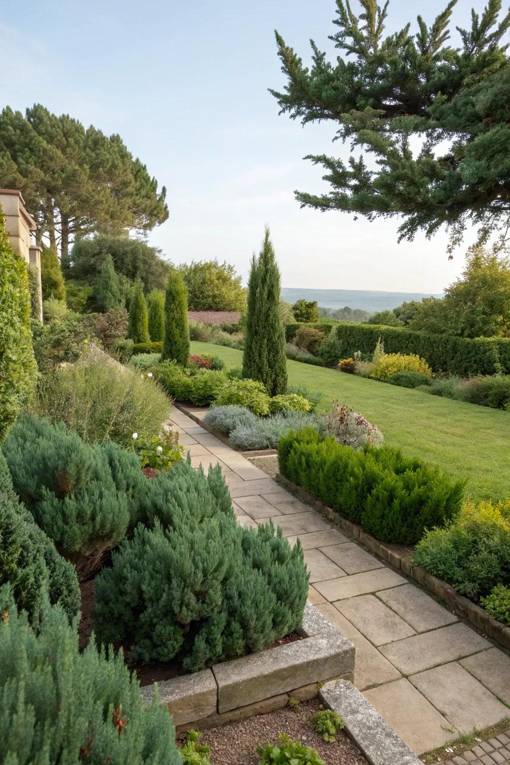 Sophisticated garden borders defined by junipers