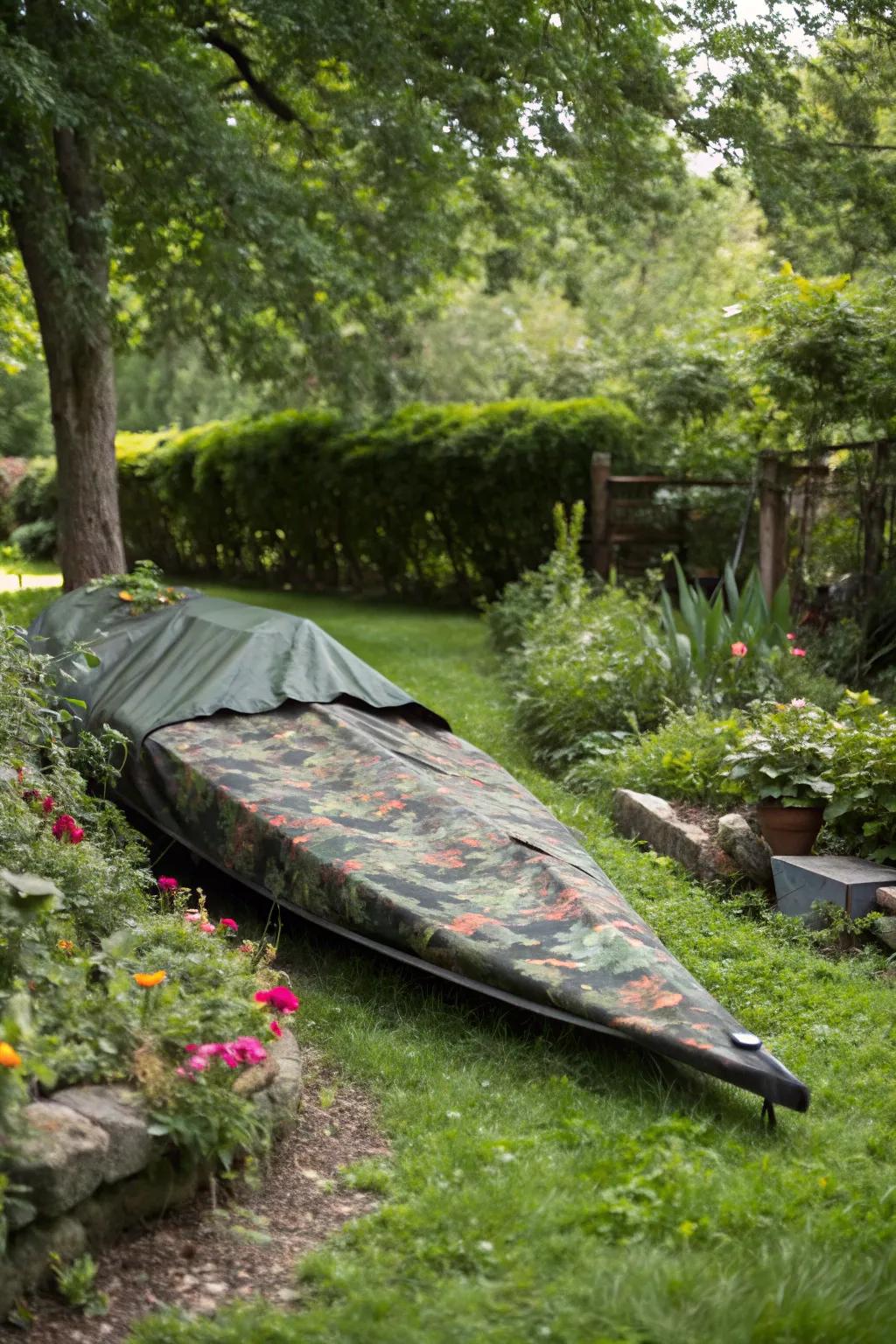 Kayak discreetly covered by camouflage fabric.