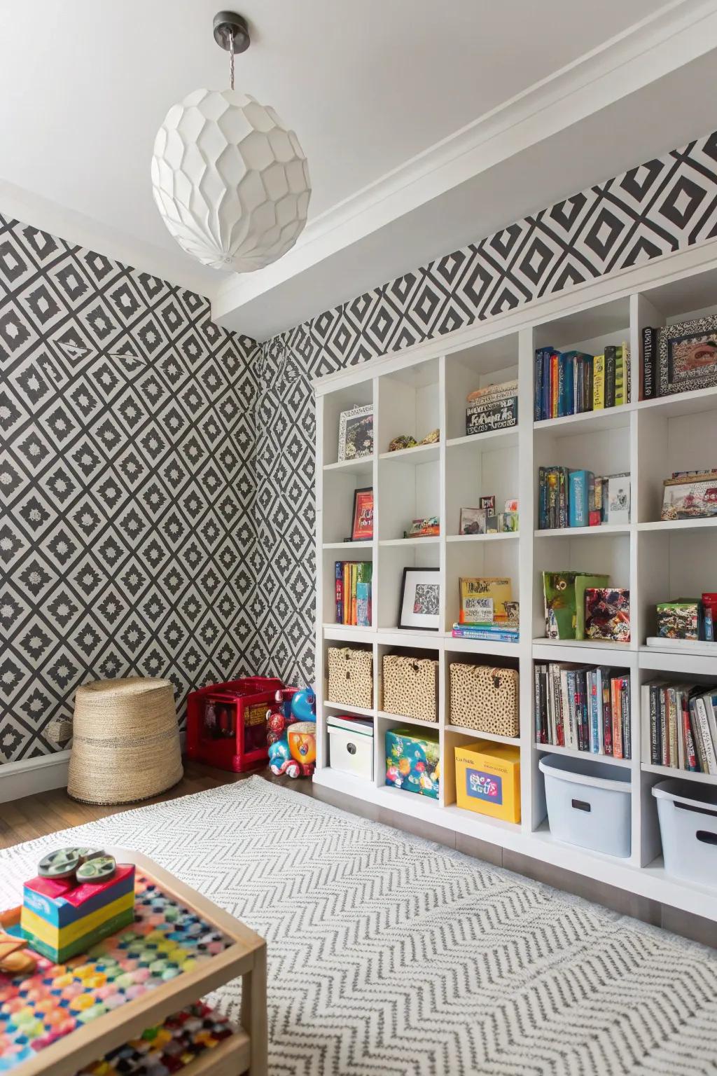 A playroom with black and white monochrome wallpaper, striking and versatile.