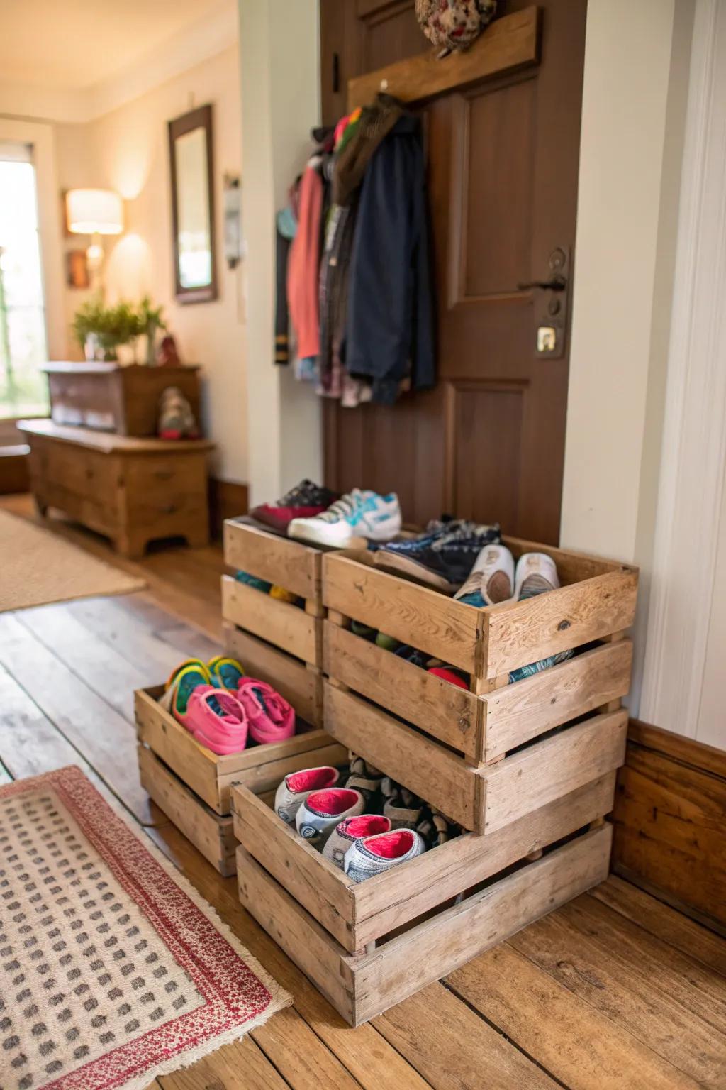 Introduce earthy appeal using timber crate shoe storage.