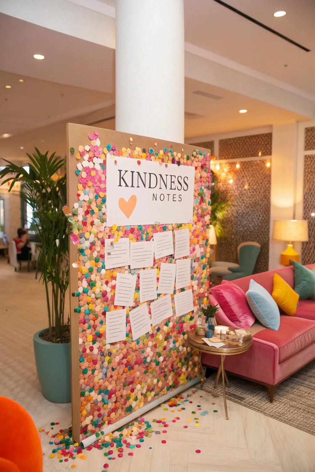 A vibrant living area kindness bursts board with shimmering pieces and kind messages.