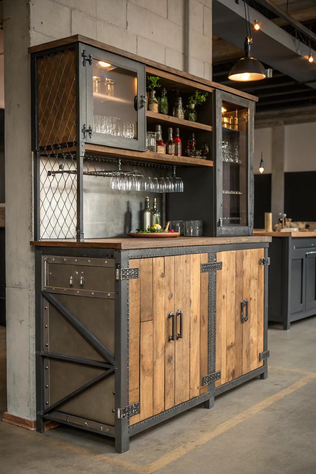 An industrial bar cabinet featuring a modern edge.