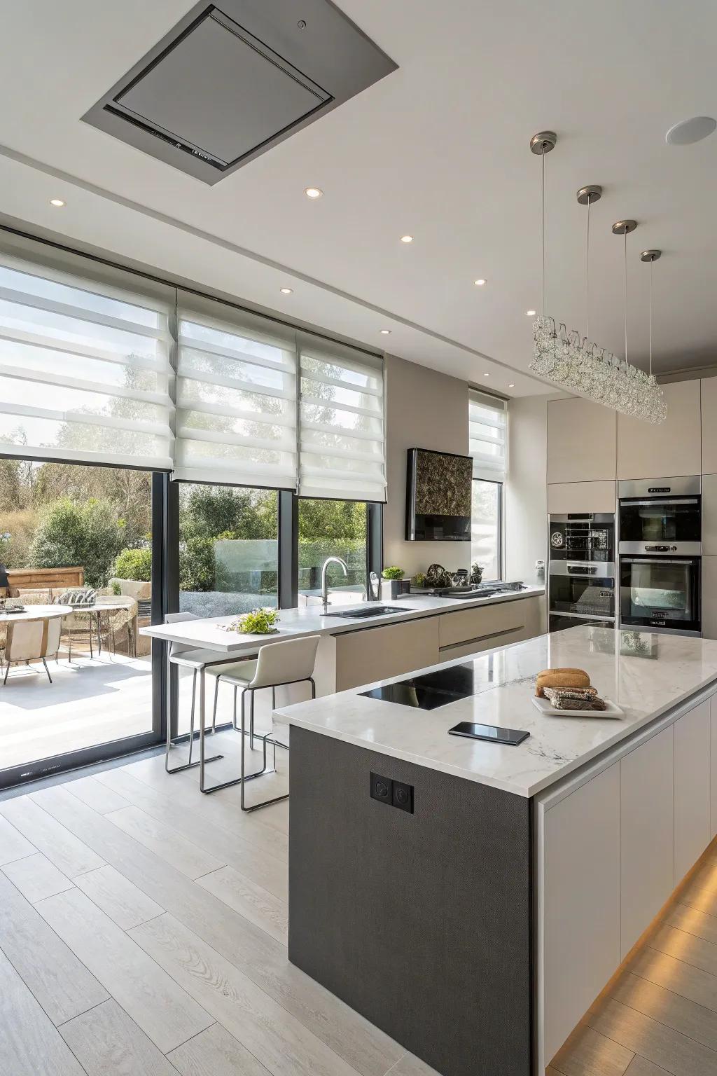 High-tech kitchen featuring smart blinds