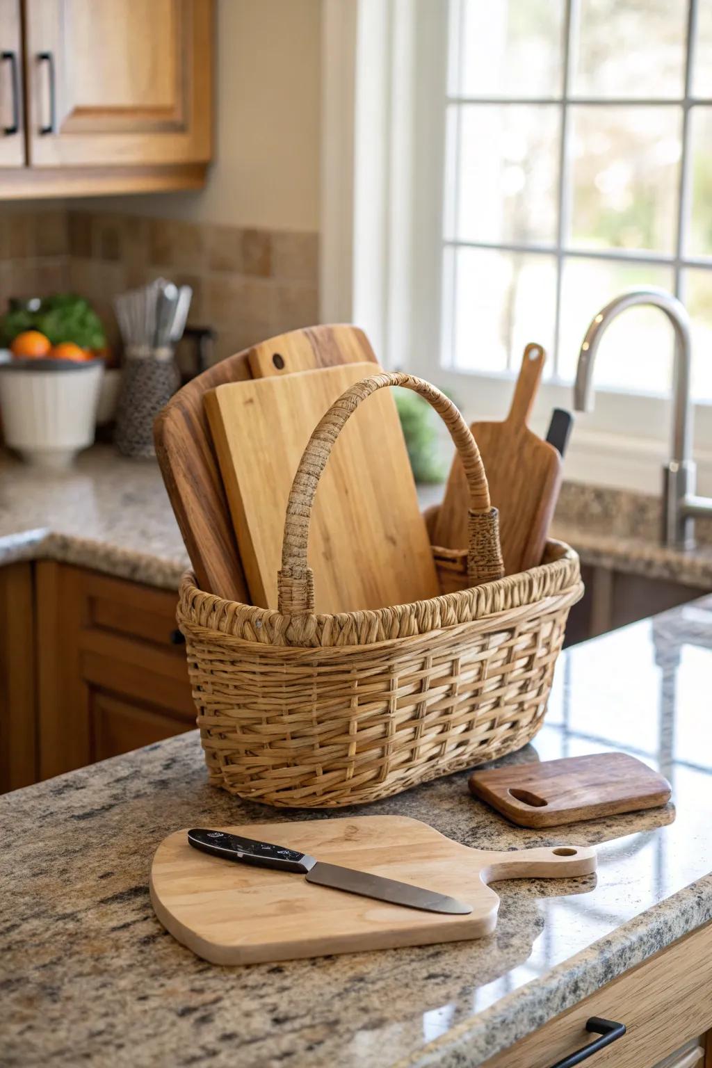 A basket filled with blocks introduces texture and warmth to the culinary space.