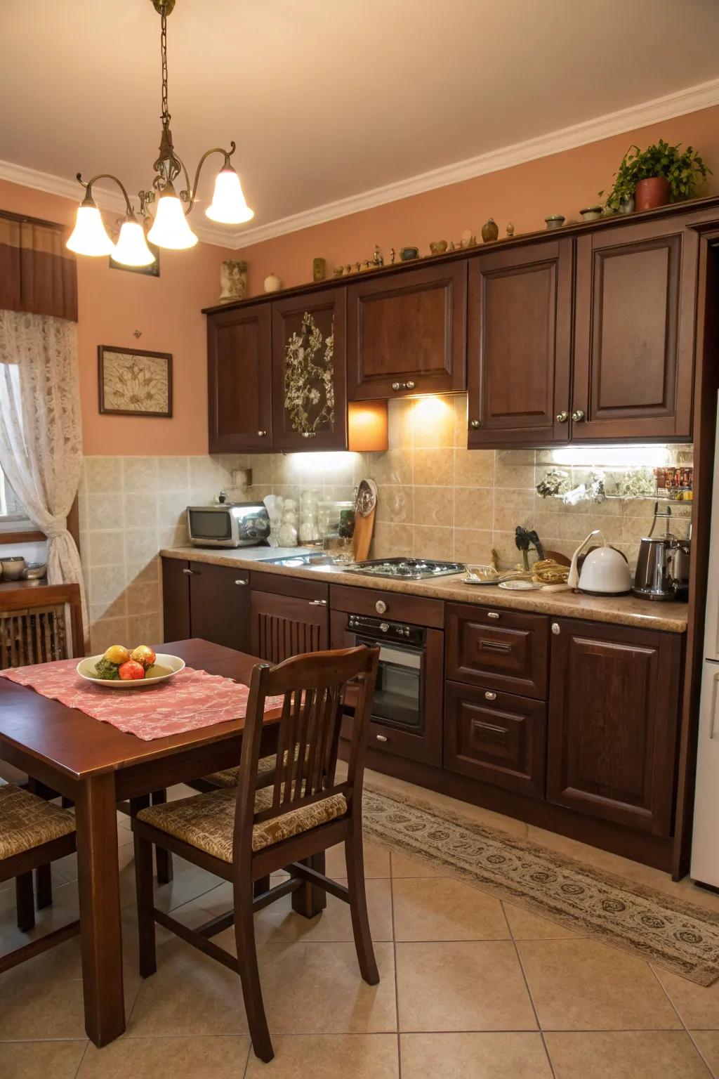 Extravagant cocoa brown creates a comfortable and welcoming kitchen ambiance.