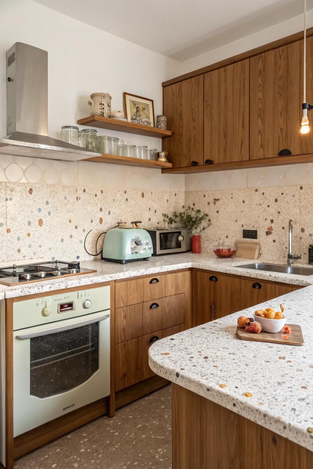 Vintage charm with flecked stone elegance.