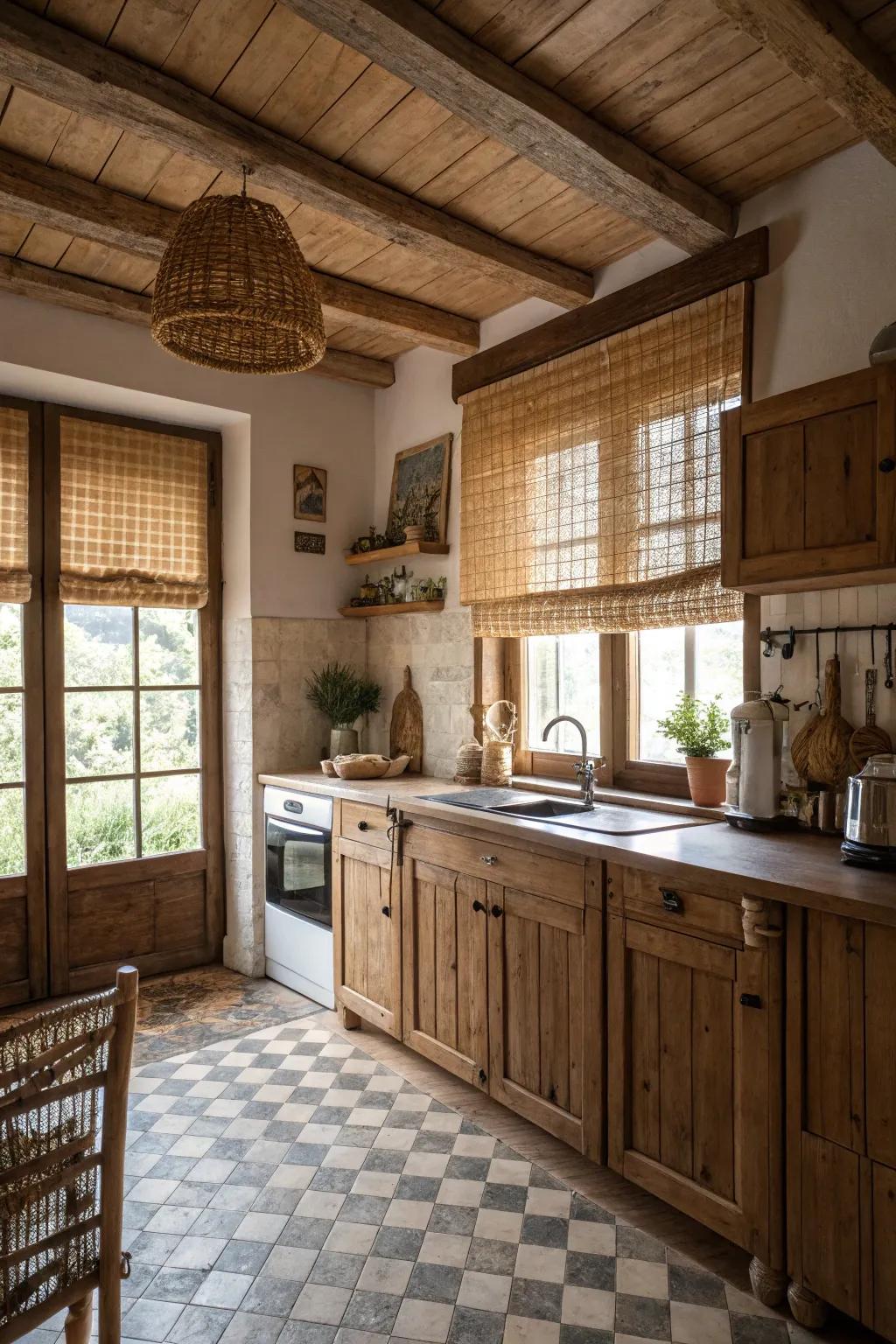 Woven shades introduce feel and warmth to the kitchen.