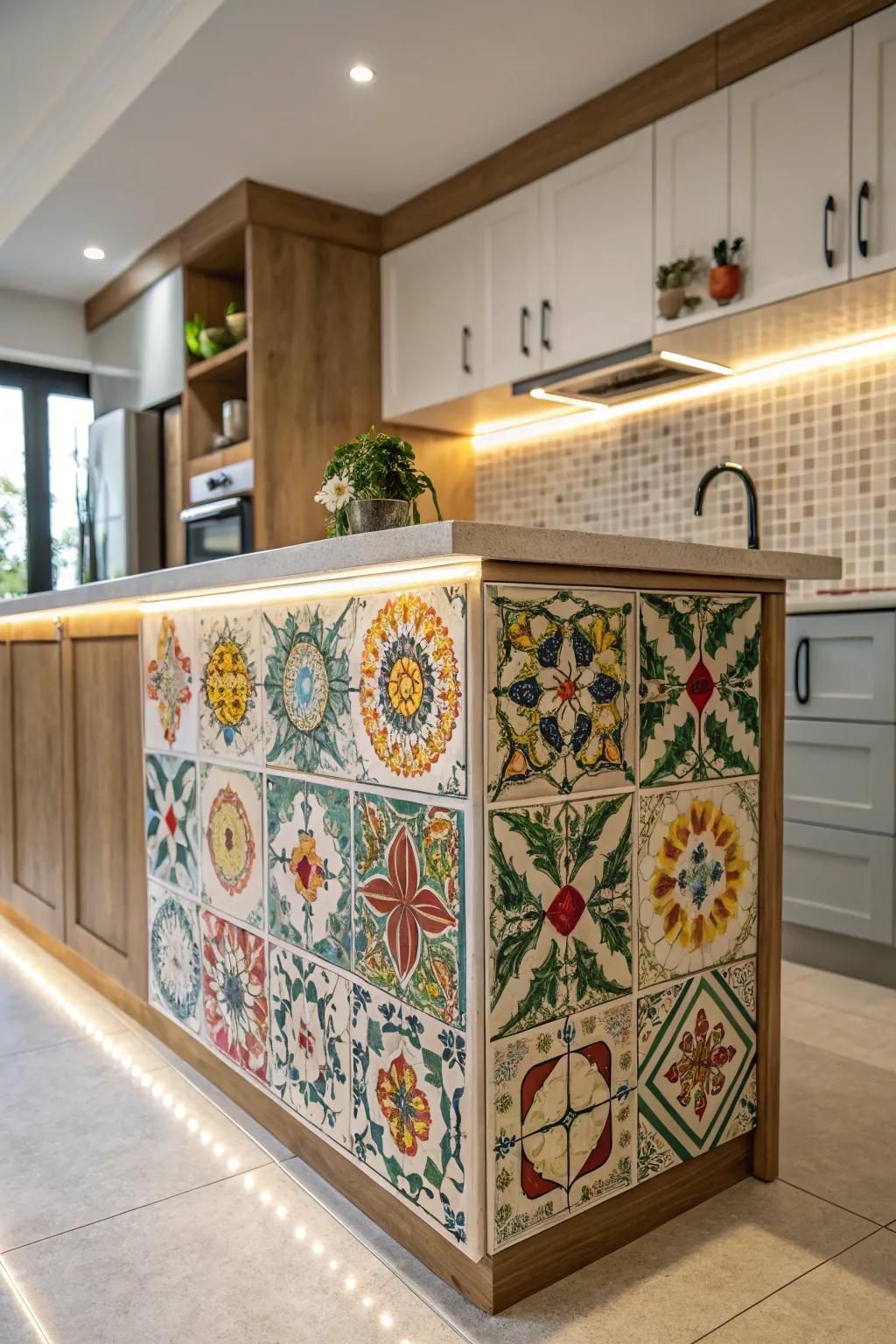 Artistic tiles contribute color and persona to this kitchen island, crafting an eye-catching point of interest.