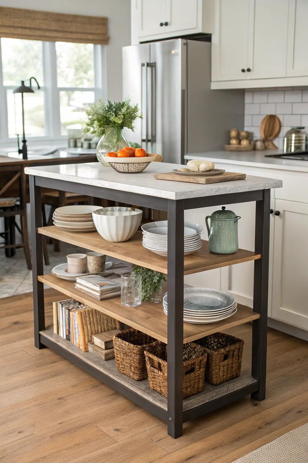 Open shelving adds usefulness and style to a central island.