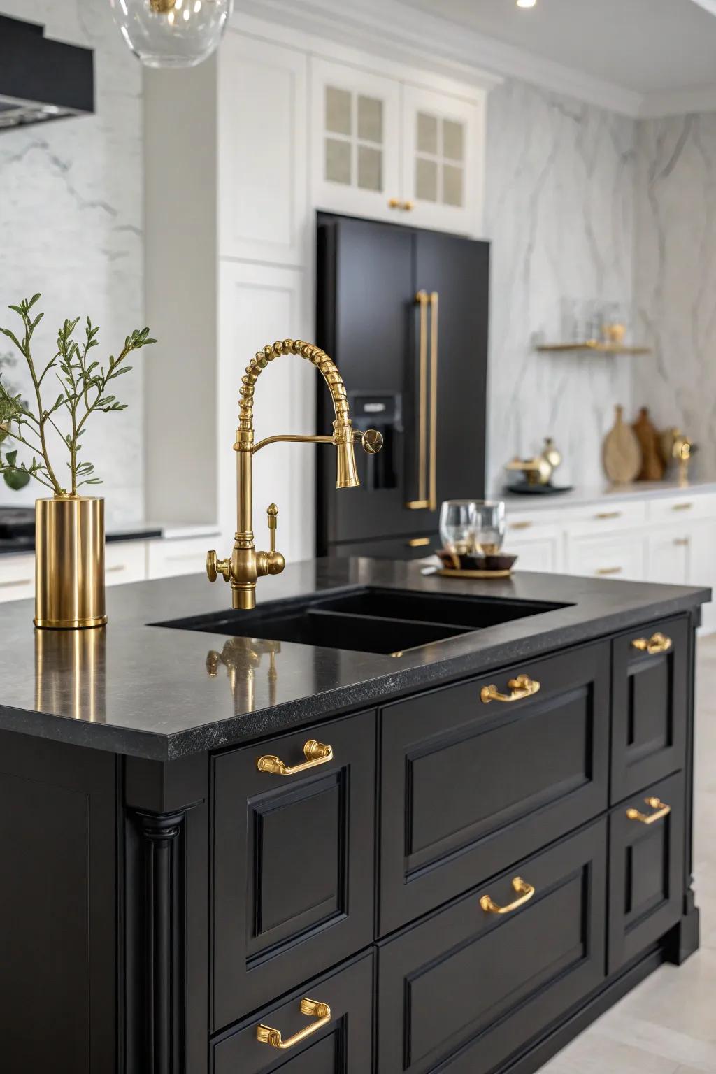 A lavish kitchen island radiating the opulence of black and gold accents.