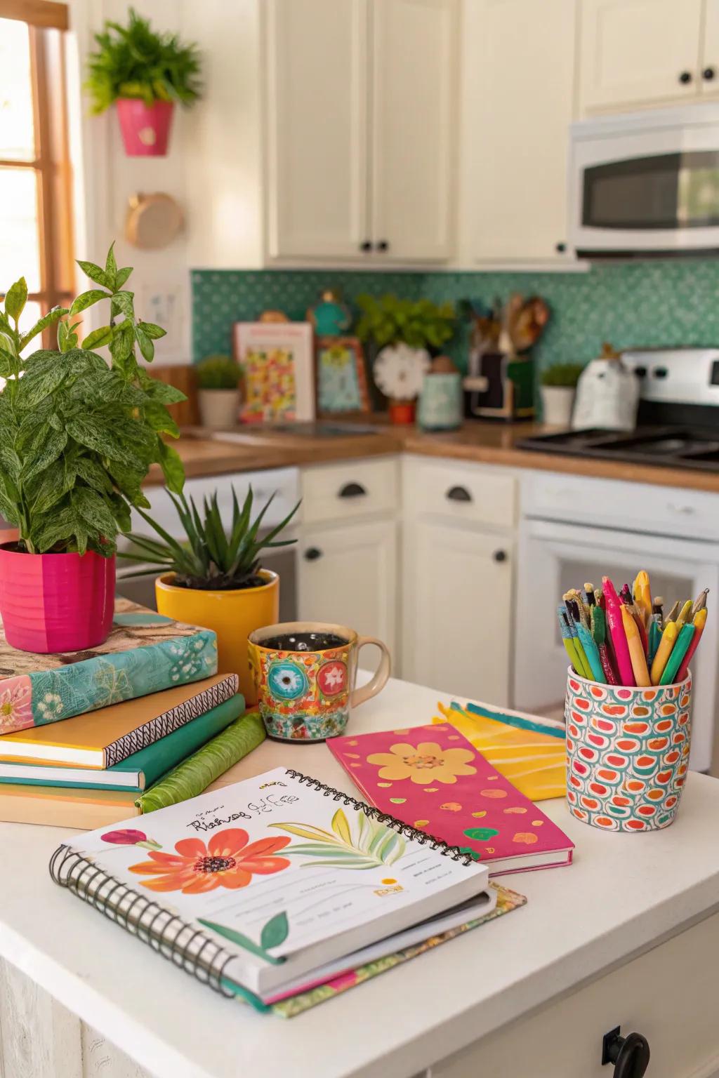 A splash of color can turn a kitchen office into a lively workspace.