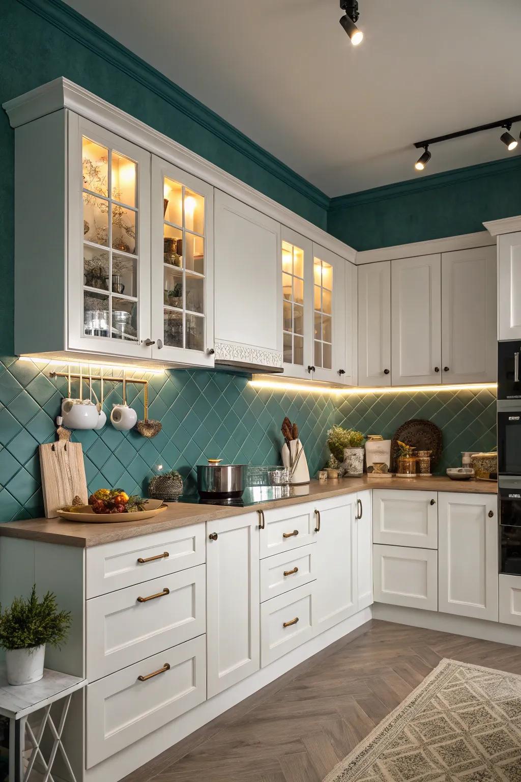 A dramatic and striking contrast is achieved with moody teal walls.