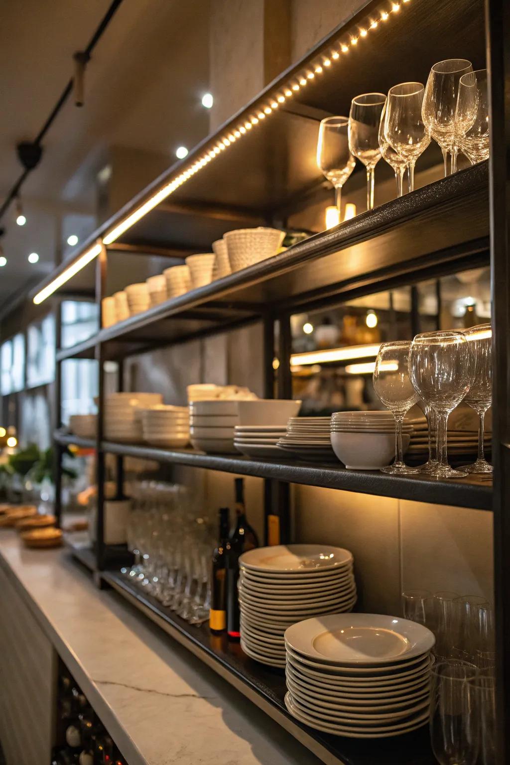 Soft lighting can highlight your kitchen racks and foster a warm atmosphere.