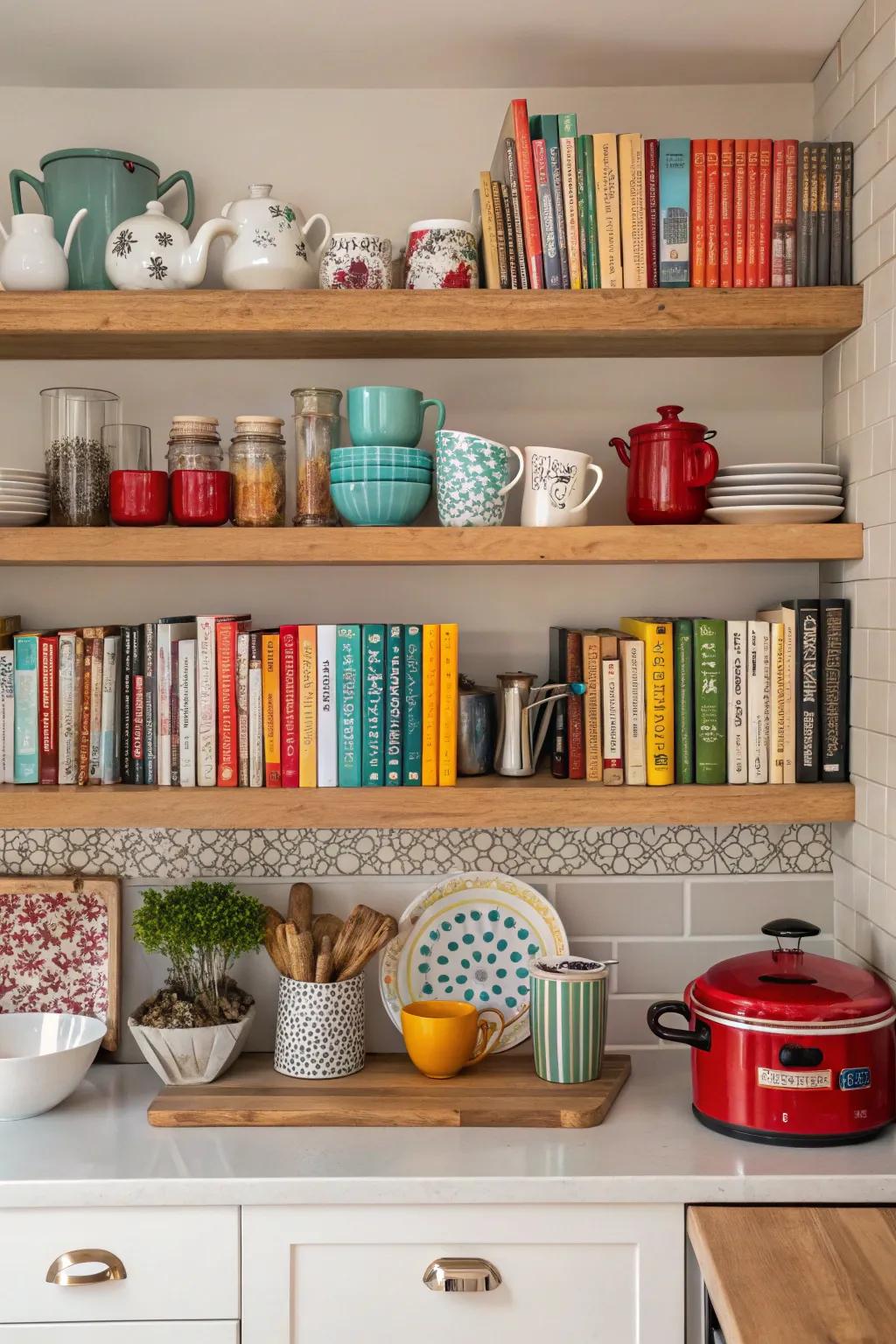 Cookbooks displayed for easy access and visual appeal.