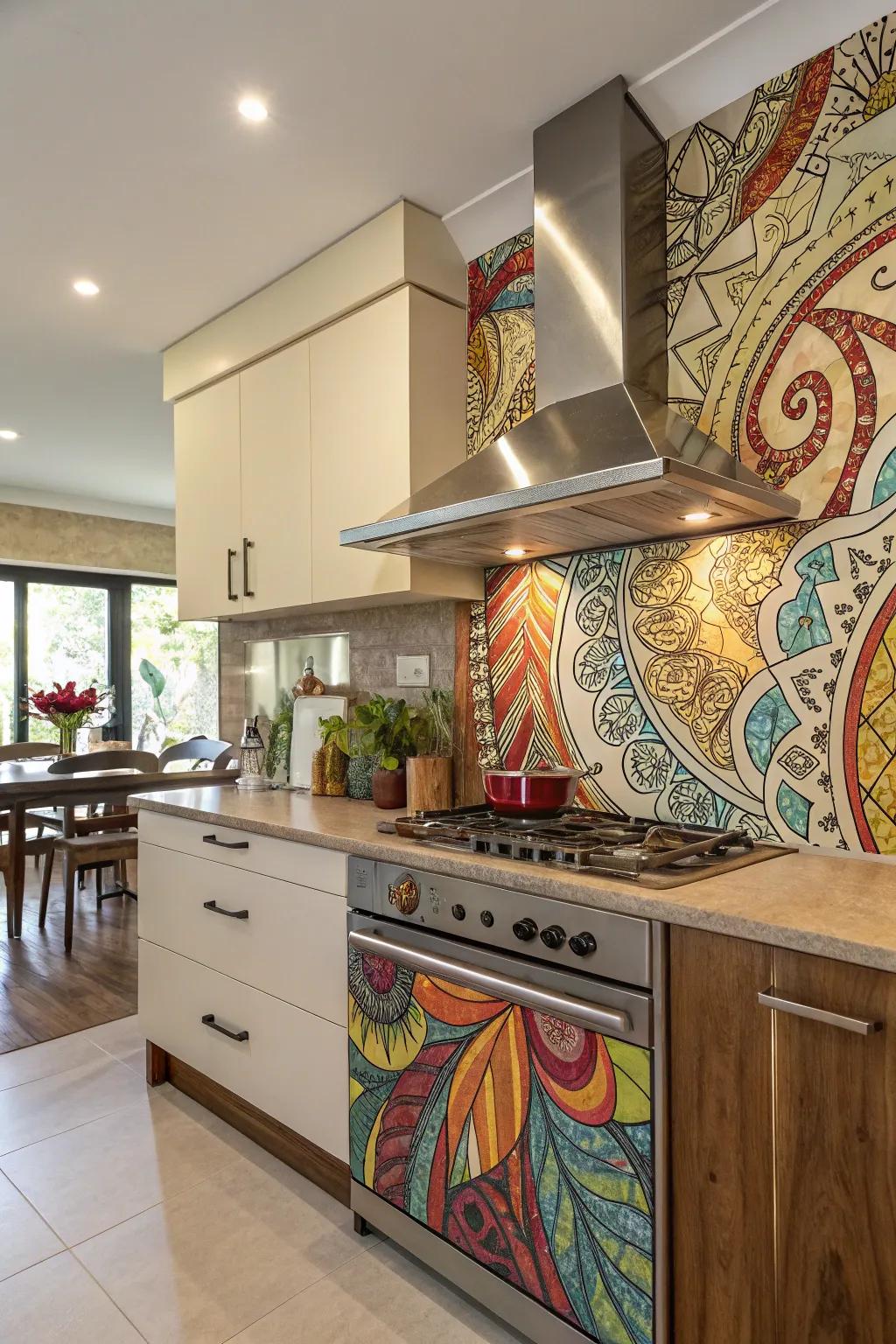 An artistic back panel in a kitchen, adding unique style and functionality.