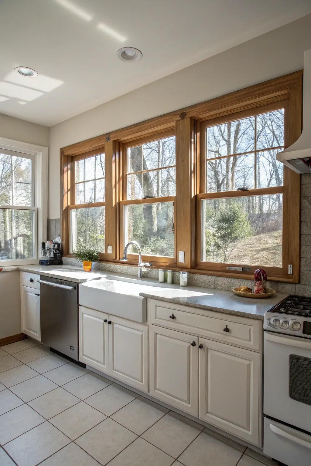 A culinary space showcasing versatile double-hung windows.