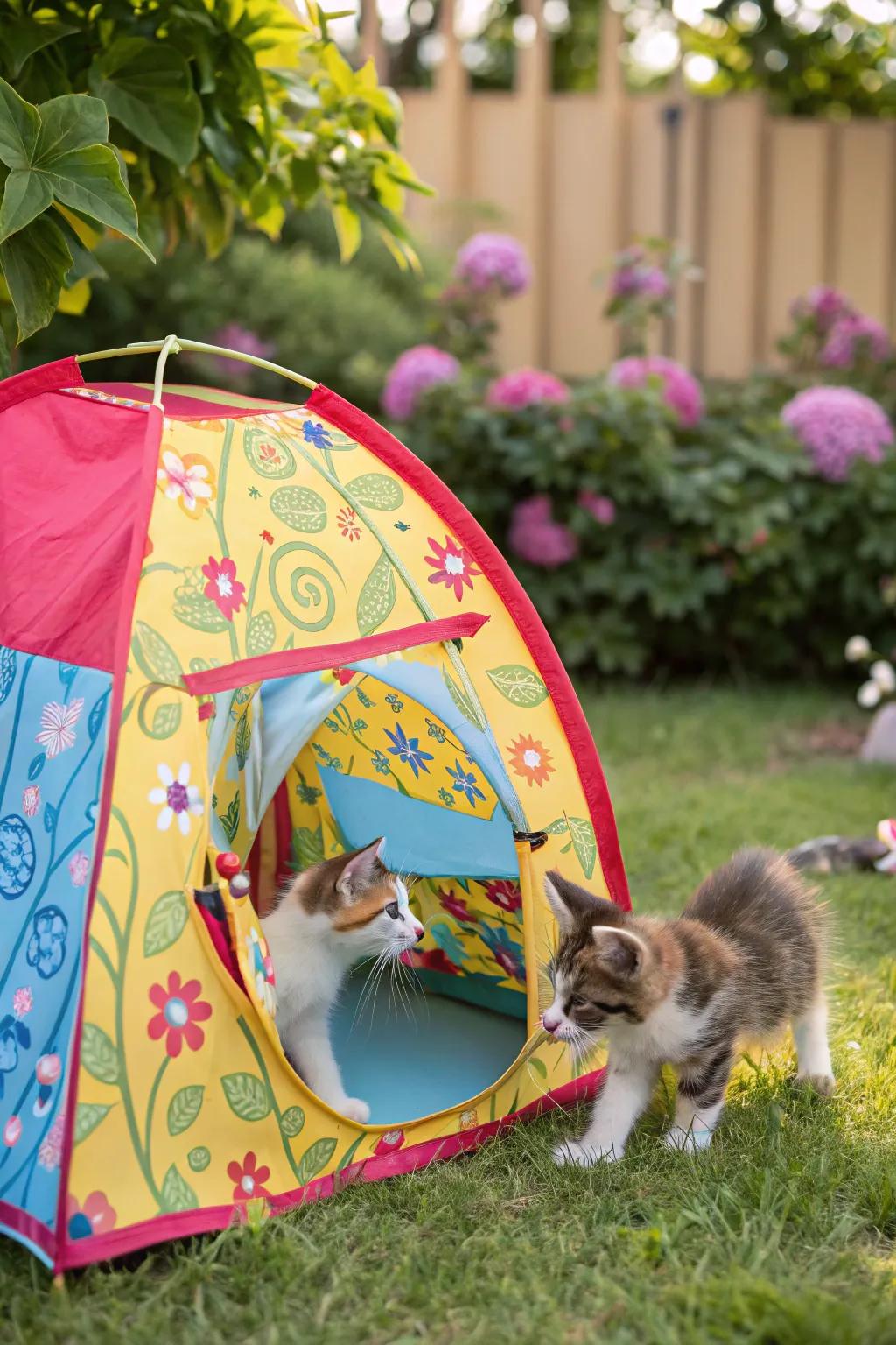 A versatile play tent affording a secure space for kittens both indoors and out.