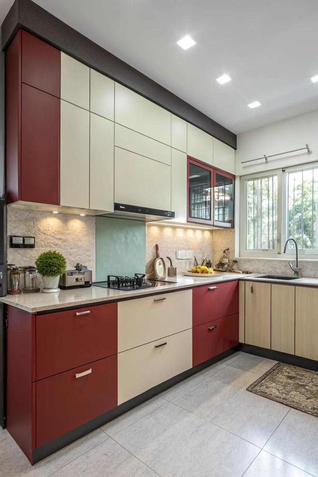 A dynamic and aesthetically pleasing kitchen design is made possible by two-tone cabinets.