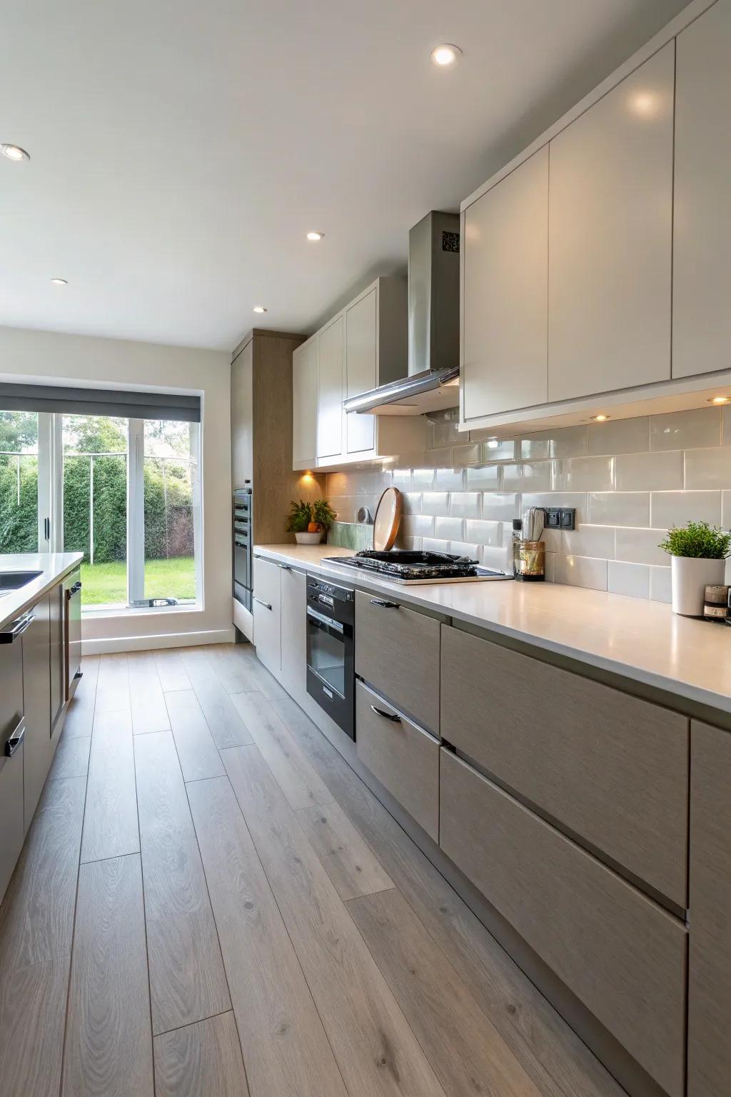Smooth changeover from flooring to backsplash provides design fluidity.