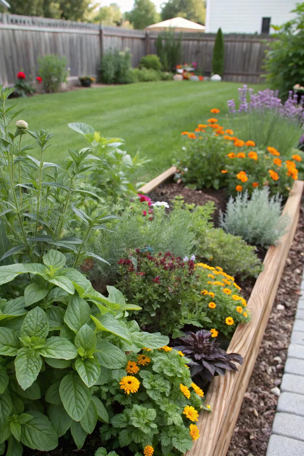 A garden bed blending food-producing plants with traditional blooms.