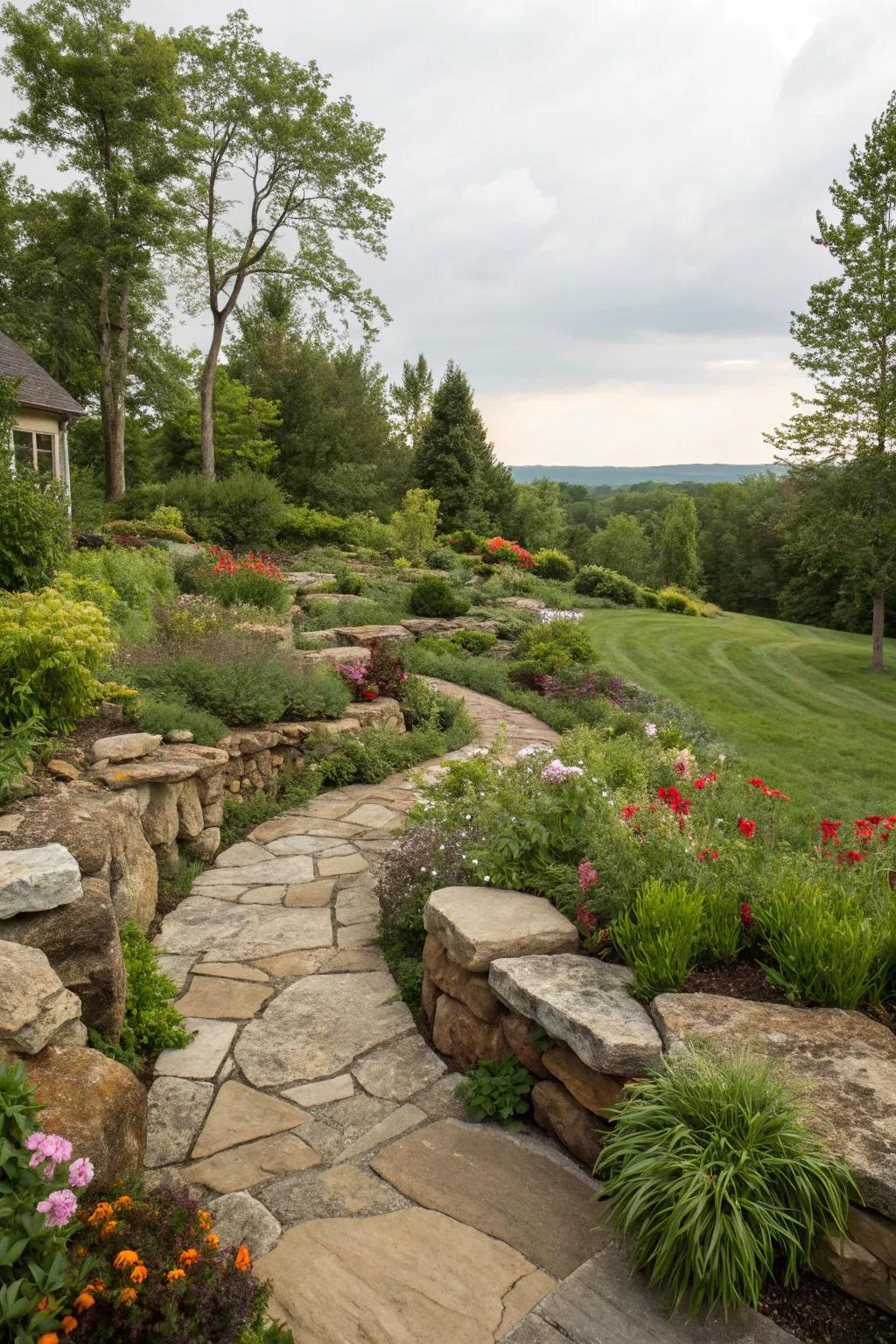 A garden with natural stone features, enhancing its rugged beauty.