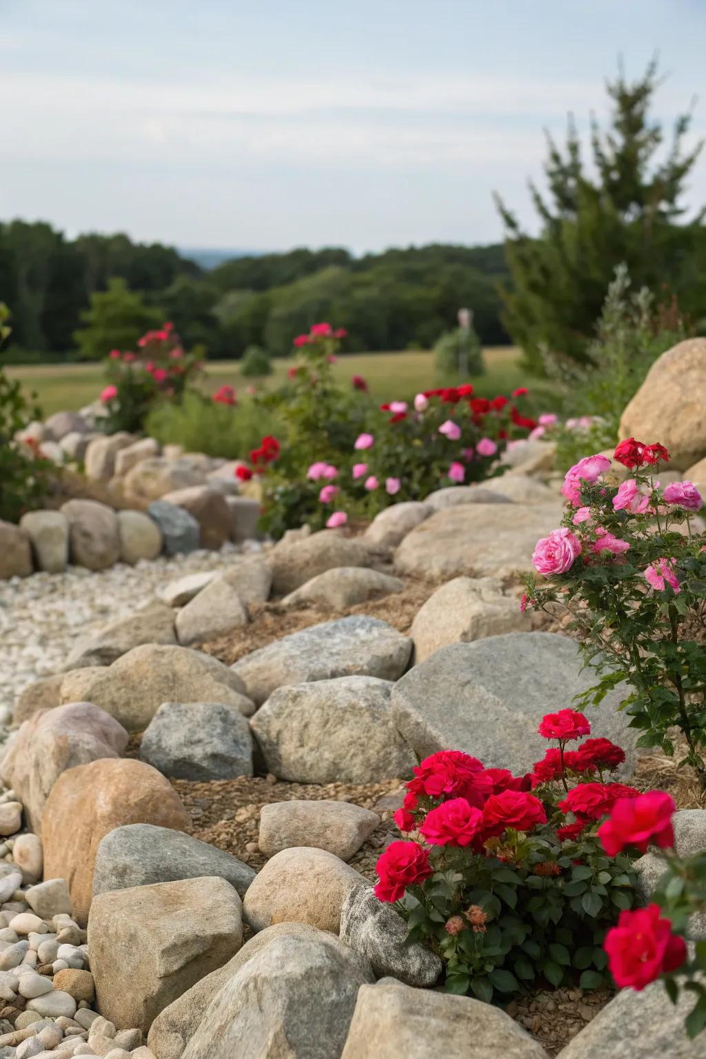 Radiant roses bring dynamic touches to rock gardens.