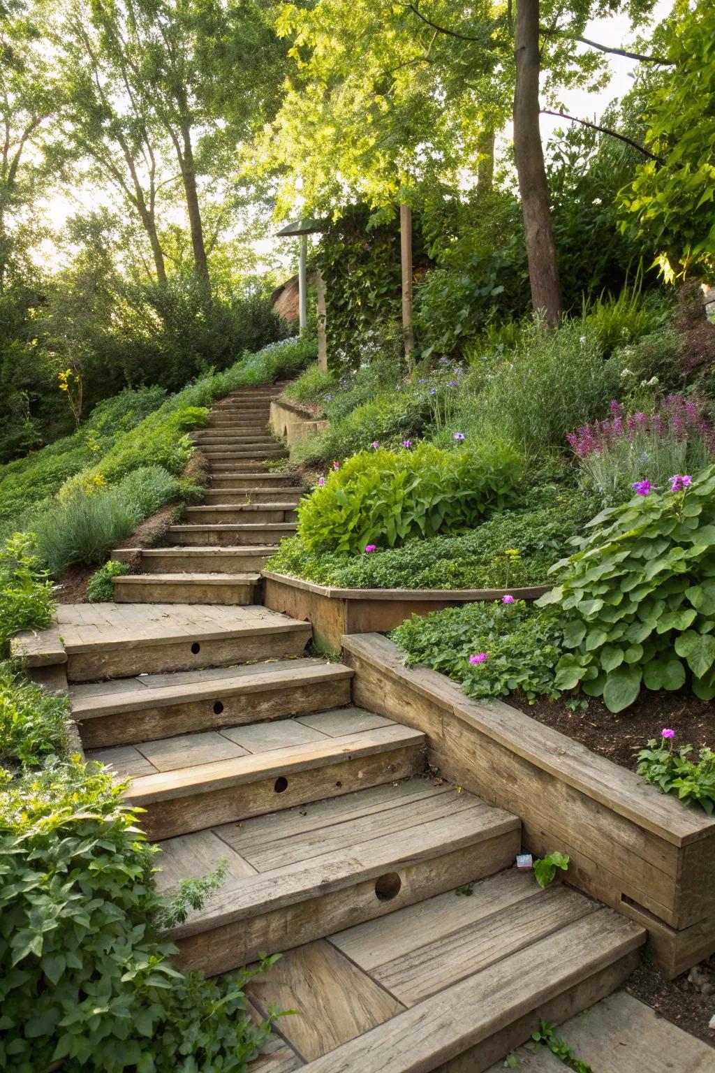 Timber gradations afford a sophisticated ascent on slopes.