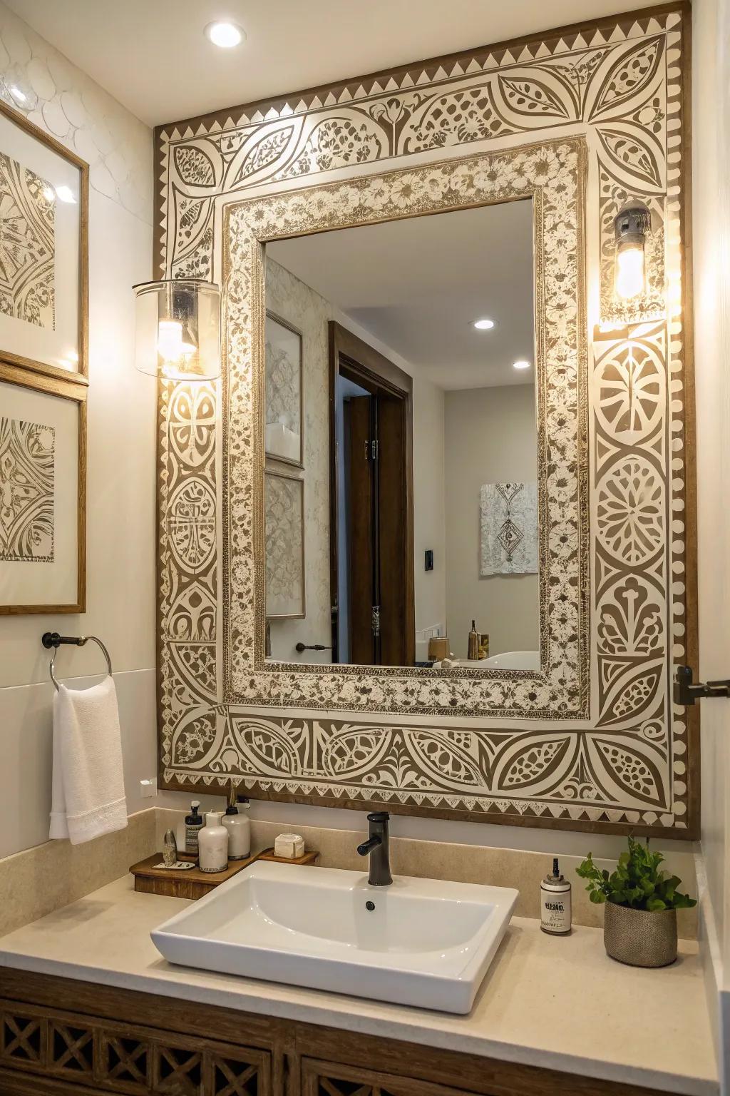 Stenciling applies a tailored and artistic flair to bathroom reflectors.