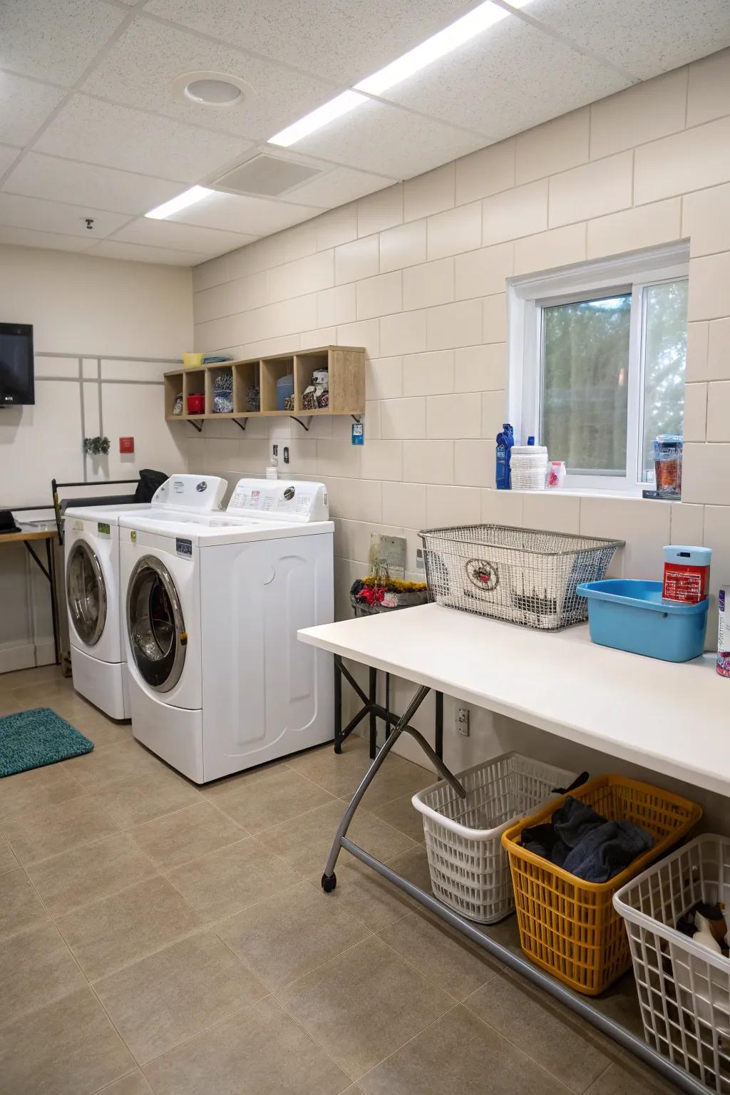 Pet-friendly zone in a multi-purpose laundry room.